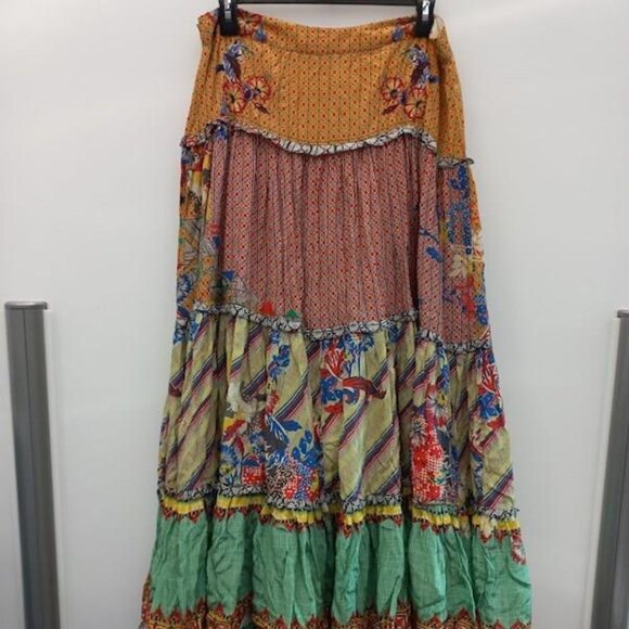 Anthropologie Boho Cotton layered maxi Skirt multi color and prints size 14